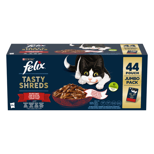 PURINA FELIX TASTY SHREDS Felix Seleção de Carnes Jumbo Pack (Vaca, Frango, Pato e Peru)
